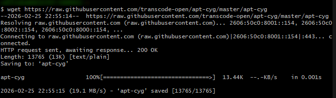 wgetコマンド実行後、プログレスバーが進み「'apt-cyg' saved」と表示された画面。