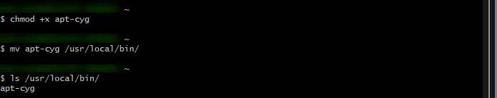 ls /usr/local/bin/ を実行して、中に apt-cyg が存在していることを確認する画面。