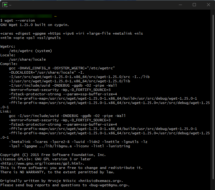 Cygwinターミナルで wget --version を実行し、バージョン情報が表示されている画面。