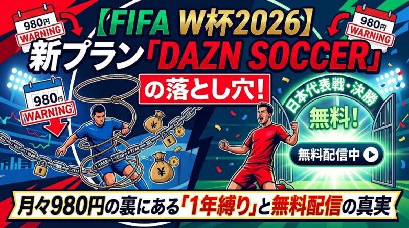 【FIFA W杯2026】新プラン「DAZN SOCCER」の落とし穴!月々980円の裏にある「1年縛り」と無料配信の真実